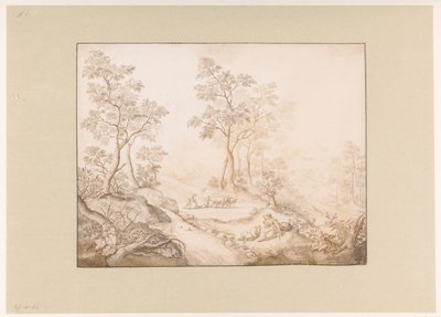 女性、男性、農夫がいる木々が生い茂る風景 作： Pieter de Porck