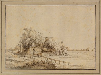 アムステルダム郊外の旅館、農場の建物、鳩小屋の柱の外の人物 作： Pieter de With