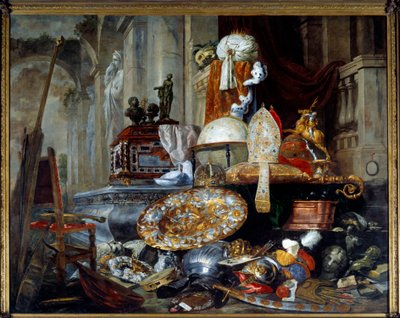世界のヴァニティーのアレゴリー。ピーテル・ボーエル（1622-1674）の絵画 Ec.Flam. 作： Pieter or Peter Boel