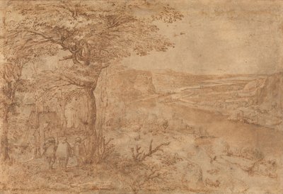 巡礼者のいる風景（紙にペンと茶色のインク） 作： Pieter Bruegel the Elder