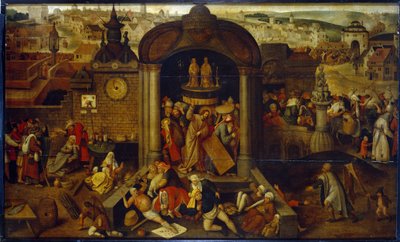神殿から商人を追い出すキリスト。 （神殿から金貸しを追い出すキリスト）。 キリストの受難のシーンを背景に、街のパノラマの前に。 ヒエロニムス (ジェローム) ボスの影響を受けたオランダ人アーティストの絵画 作： Pieter Bruegel the Elder