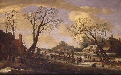農民と馬橇（ばそり）のある冬の川の風景 作： Pieter the Elder Molyn