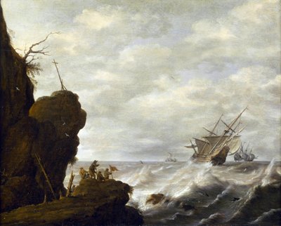岩場沖の乱気流に浮かぶオランダ船 1640年頃（木・油彩） 作： Pieter the Elder Mulier