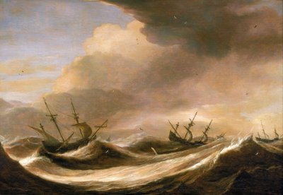 嵐から逃げる公海上の船、帆を減らし、強い波に揺れる。1640年頃、ピーテル・ミュリエ（1615-1670）作、木に油彩。 作： Pieter the Elder Mulier