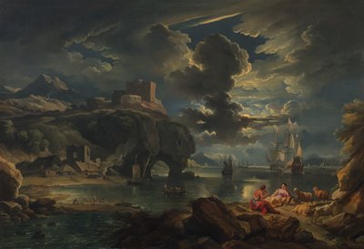 地中海の月明かりに照らされた海岸の風景、c.1700-01（キャンバスに油彩） 作： Pieter the Younger Mulier