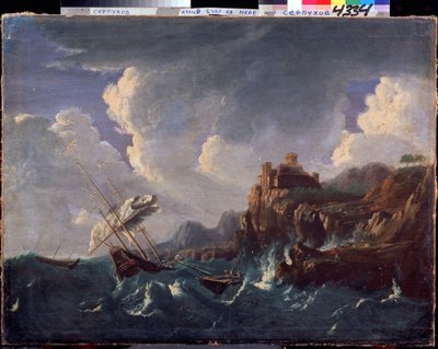 嵐の海。 嵐の海。 Pieter Mulier II the Younger (または Pietro Mulieribus または Pietro Cavaliere Tempesta) (1637-1701) による絵画。 オランダの芸術、バロック様式。 キャンバスに油彩。 国立歴史芸術博物館、セルプホフ（セルプホフ）。 作： Pieter the Younger Mulier