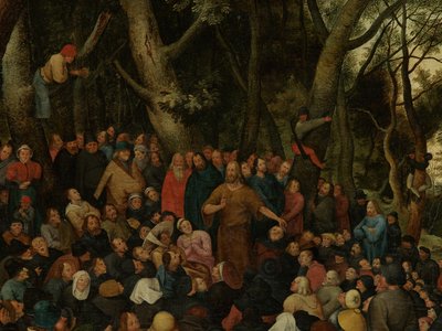群衆に説教する聖ヨハネの詳細（パネルに油彩） 作： Pieter the Younger (after) Brueghel
