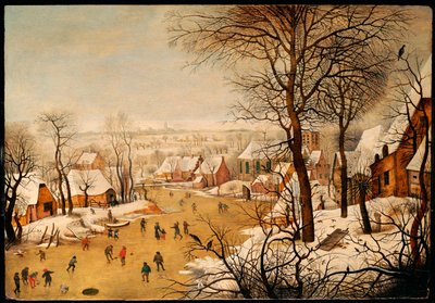 スケーターとバードトラップのある冬の風景 作： Pieter Brueghel the Younger