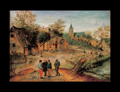 フォアグラウンドで会話する農家のいる村の風景、1634年 作： Pieter Brueghel the Younger