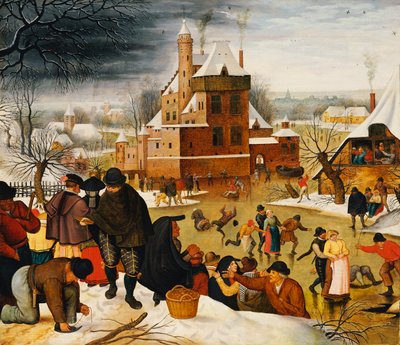 城の堀でスケートをする町の人たち（油彩・パネル 作： Pieter the Younger Brueghel