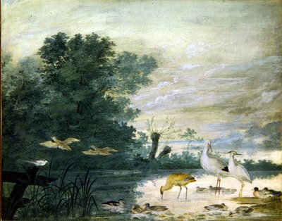 絵のように美しい風景の中にいるエキゾチックな鳥たち 作： Pieter the Younger Holsteyn