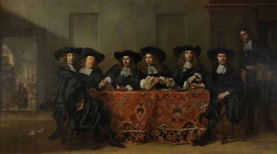 1675 年、アムステルダムの貧しい人々の野外救済のためのアウデ ザイズ研究所の 6 人の摂政と館長 作： Pieter van Anraedt