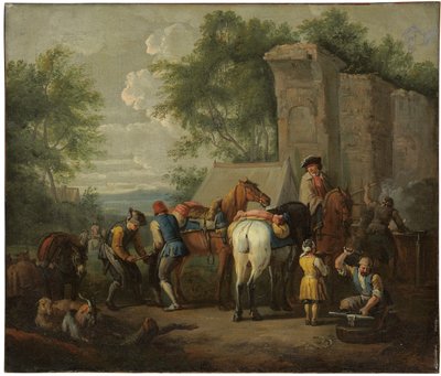 廃墟で馬を脱ぐ軍の鍛冶屋 作： Pieter van Bloemen