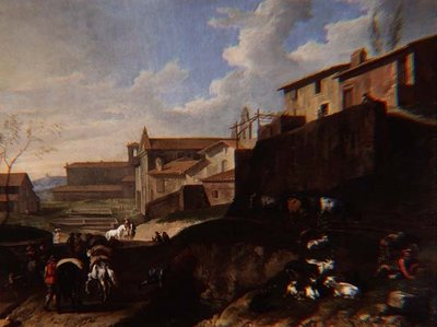 教会、コテージ、旅人のいるカプリッチョの風景（油彩 作： Pieter van Bloemen