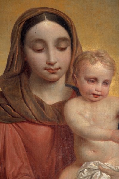 内部ビュー、「ロザリオを持った子供を持つ聖母」の絵、主祭壇の祭壇画、P. ヴァン ハンセラーレ作 作： Pieter van Hanselaere