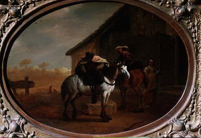 宿を出る旅人たち」（油彩・パネル） 作： Pieter van Laer