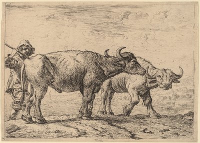 2頭のバッファローと1頭の牧夫 作： Pieter van Laer