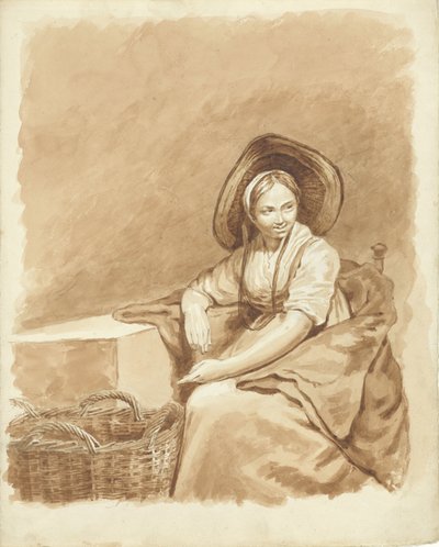 大きな帽子とバスケットで座っている女の子 作： Pieter van Loon