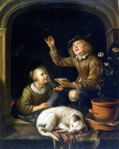 シャボン玉です。ピーテル・コルネリゼ・ファン・スリングラント（1625～1691）の絵画。ミラノのカステッロ美術館。 作： Pieter van Slingelandt