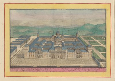 エスコリアル鳥瞰図 Escurial、または S. Laurentius の Heerlyke 修道院全体: 1557 年に Philip the Second (オブジェクトのタイトル) によって建てられました。 Theatrum Hispaniae (...) (シリーズタイトル) 作： Pieter van den Berge