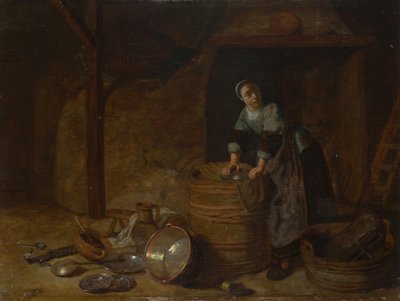 鍋を洗う女c。 1650-1660 作： Pieter van den Bosch