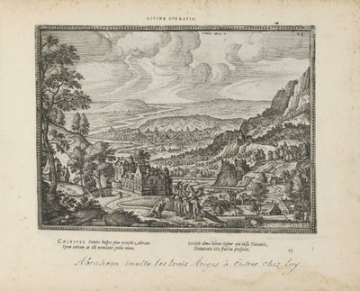 LandschapはAbraham en de drie engelenに会いました 神の操作 (オブジェクトのタイトル) 両約聖書の聖印と主な歴史（旧約聖書）（連載タイトル） 本の絵と図（連載タイトル） 作： Pieter van der Borcht (I)