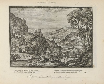 Landschap と Hagar en de engel の出会い 快適さを拒否する (オブジェクトのタイトル) 両約聖書の聖印と主な歴史（旧約聖書）（連載タイトル） 本の絵と図（連載タイトル） 作： Pieter van der Borcht (I)