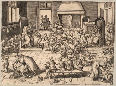 学校の部屋。 教室で教えられ育てられるサル 作： Pieter van der Borcht
