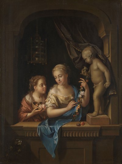 キューピッド像のそばの花を持つ二人の少女 キューピッドの像で花を持つ 2 人の女の子 作： Pieter van der Werff