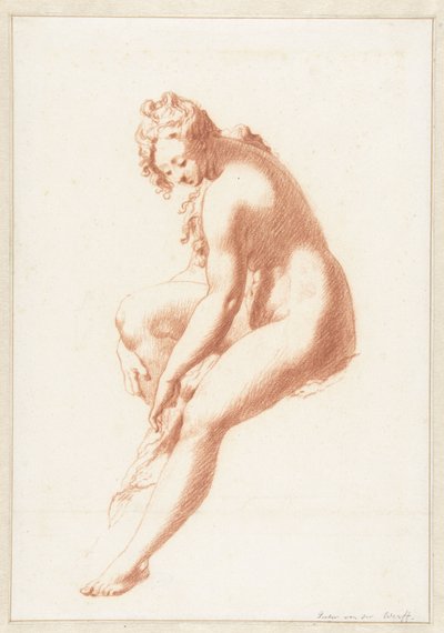 片足を乾かしている裸の女性の着席 作： Pieter van der Werff