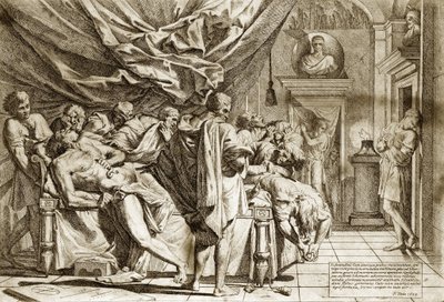 ピエトロ・テスタ作『長老カトン（Marcus Porcius Cato）または検閲官カトン（紀元前234～149年）の死』 1648年 - 『カトンの死』 ピエトロ・テスタ（紀元前1612～1650年）作、エッチング - 。 作： Pietro Testa