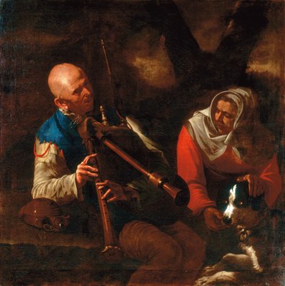 バグパイプを演奏する農民と犬と一緒に耳を傾ける老婆（キャンバスに油彩） 作： Pietro (circle of) Paolini