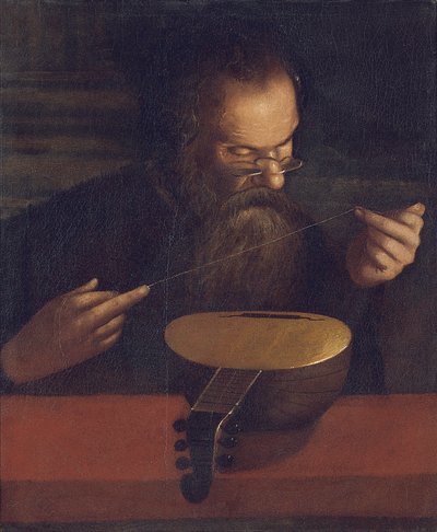 リュートの弦を張る老人（キャンバスに油彩） 作： Pietro (circle of) Paolini