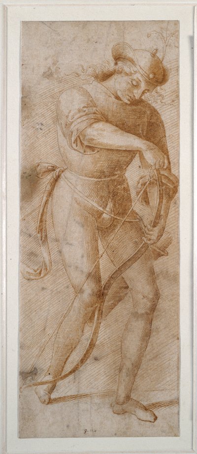 弓の弦を張る青年（白い紙にペンと茶色のインク 作： Pietro (follower of) Perugino