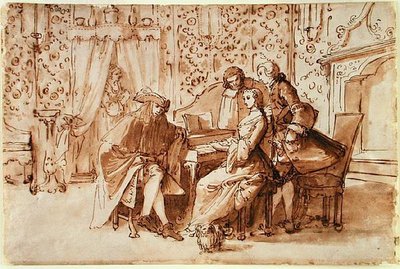 A Music Party (紙に黒チョークの上にペンと茶色のウォッシュ) 作： Pietro Antonio Novelli
