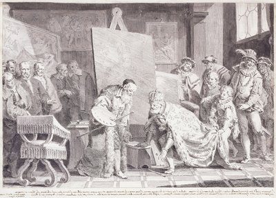 皇帝カール5世がティツィアーノの絵筆を手に取って、 作： Pietro Antonio Novelli