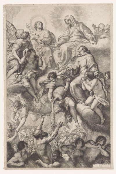 パドヴァのマリア、ヨセフ、アントニウスが煉獄の霊魂のとりなしをする 作： Pietro Antonio de Pietri
