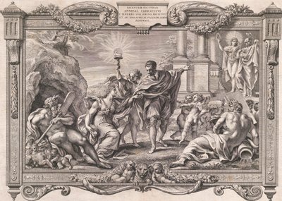 アンニーバレ・カラッチがアポロとミネルヴァに絵画を紹介、1674年。 作： Pietro Aquila