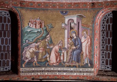 ピエトロ・カヴァリーニ（1273～1330年頃活躍）の後陣のモザイクのマギの崇拝 13世紀末（ピエトロ・カヴァリーニの後陣のモザイクのマギの崇拝 13世紀末） ローマ、サンタ・マリア・イン・トラステヴェレ教会 イタリア 作： Pietro Cavallini