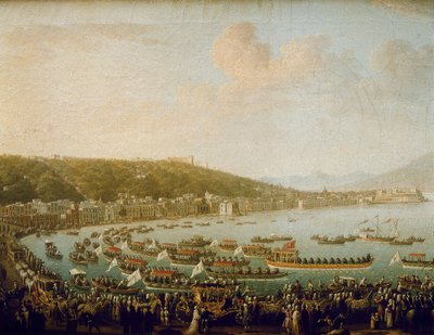 スペインのカルロス 3 世 (カルロス 3 世) (1716-1788) のナポリ湾 (イタリア) からの出発。 ピエトロ ファブリス (1756-1779) の絵画、キャンバスに油彩 作： Pietro Fabris