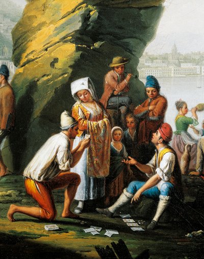 ポジリポ洞窟の日常風景、トランプに興じる男たち、ピエトロ・ファブリス（活動期1768-1778）作、油彩・カンヴァス、細部 作： Pietro Fabris