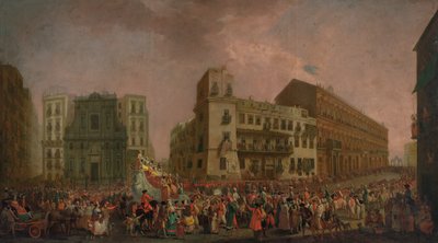 1778年のナポリのカーニバル。「カヴァルカタトゥルカ」が1778年頃、ラルゴディパラッツォを練り歩きました。 作： Pietro Fabris