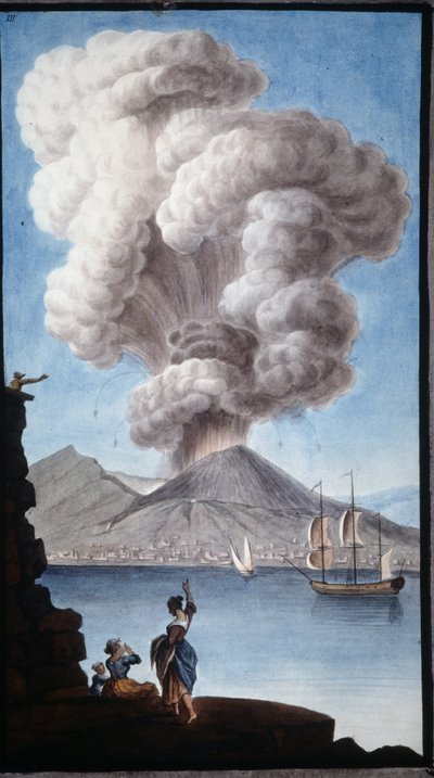 1779年のヴェスヴィオ火山の噴火。このガッシュは、ナポリ駐在の英国大使ウィリアム・ハミルトン卿の依頼により、ピエール・ファブリスが制作したものである。 作： Pietro Fabris