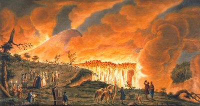 1771 年 5 月 11 日に溶岩流を観察するためにシチリアの陛下を護衛するハミルトンの眺め 1 作： Pietro Fabris