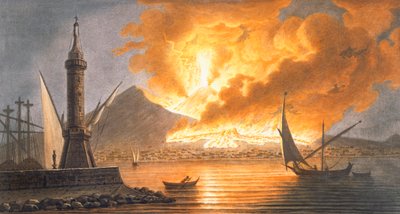 1767 年 10 月 20 日、1776 年 10 月 20 日の夜のナポリのほくろからのベスビオの大噴火の眺め 作： Pietro Fabris