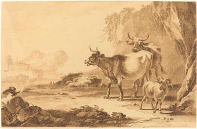 牛とヤギと休む羊飼いのいる風景 作： Pietro Giacomo Palmieri
