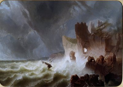 Lido solitario 船が嵐に巻き込まれ、崖に墜落した海の風景。 Pietro Giuria の絵画 (19 世紀) Dim。 140x200 cm Genes Nervi、Galleria d