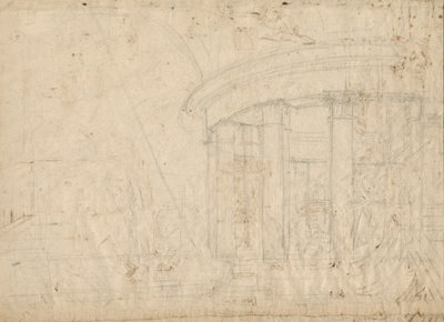 回廊に囲まれた丸い寺院の建築ファンタジー（裏面） 作： Pietro Gonzaga