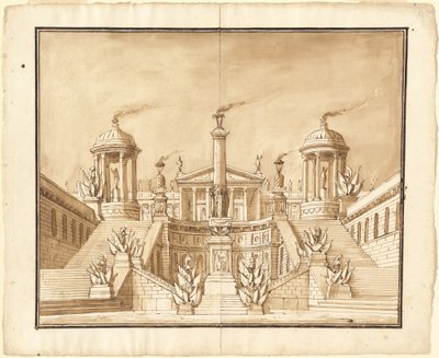 トロフィーと大階段のある古代の国会議事堂のファンタジー 作： Pietro Gonzaga