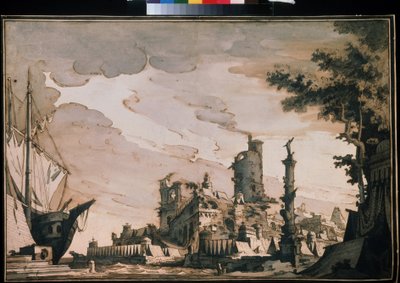 「港の眺め」劇場の装飾。 ピエトロ ディ ゴッタルド ゴンザガ (1751-1831) による水彩画 (1818 年)。紙に水彩画とインク。 モスクワ、プーシキン美術館 作： Pietro Gonzaga